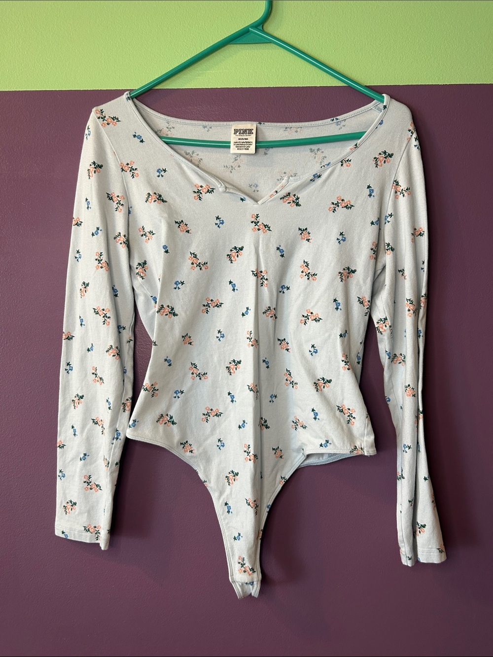 PINK Victoria's Secret Pale Blue Floral V‑Neck Long Sleeve Bodysuit